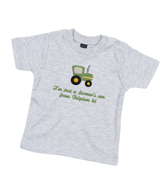 Baby T-shirt met tractor en tekst ‘I’m just a Farmer’s son from Belgium hé’